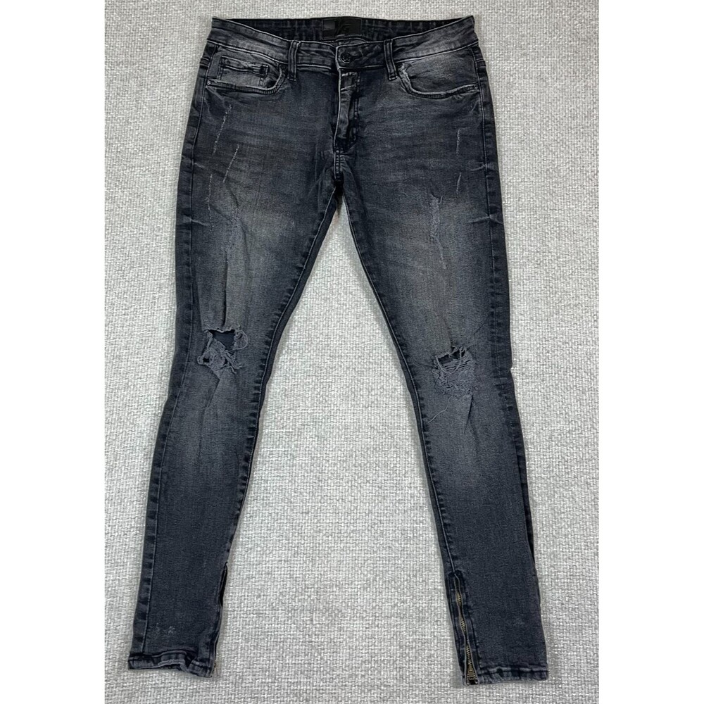 Young LA Jeans Men's 32x30 Skinny Ankle Zip Black Denim Distressed Stretch